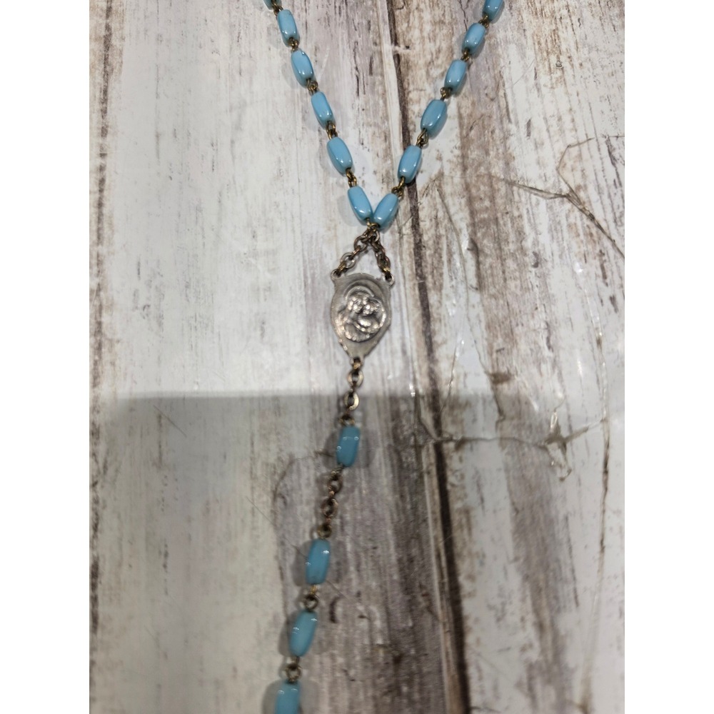 Vintage Catholic Rosary Light Blue Oval Beads Ornate Crucifix 21 Inch Necklace - Picture 3 of 8